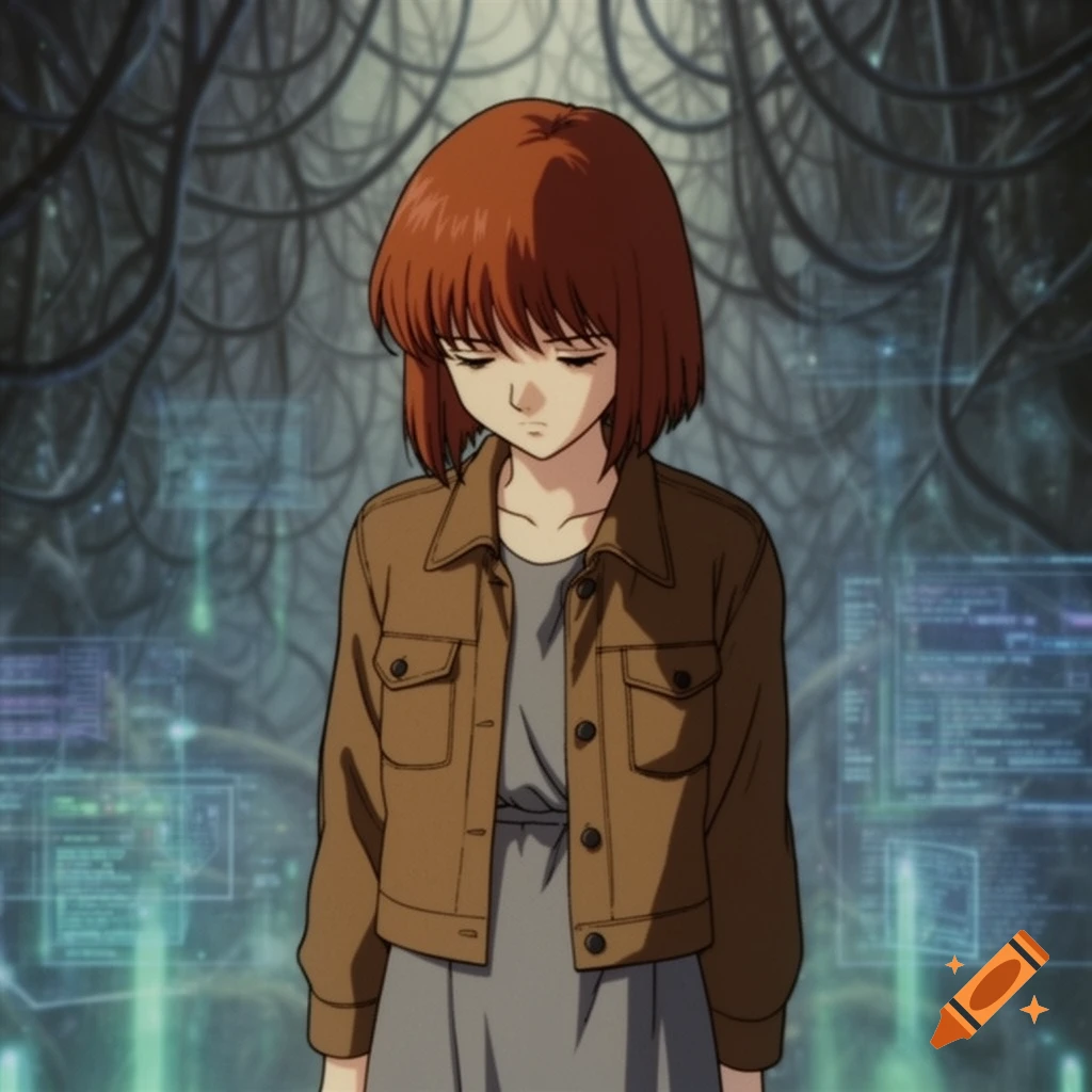 An anime girl with short brown hair looks down contemplatively, set against a background of intertwined wires and glowing digital displays.