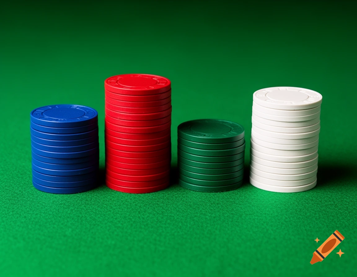 Four stacks of poker chips in blue, red, green, and white arranged on a green felt table.