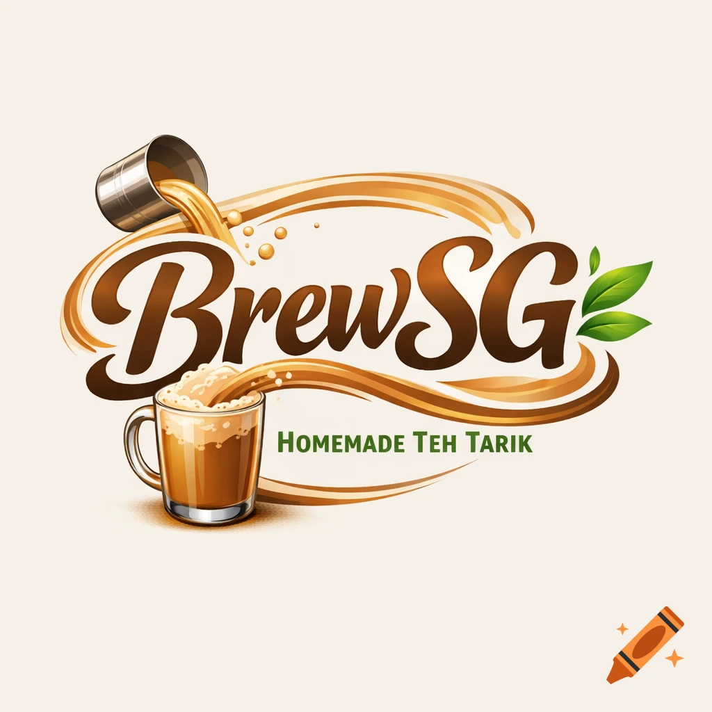 Logo for BrewSG Homemade Teh Tarik, showing tea poured from a container into a mug, with green leaves.