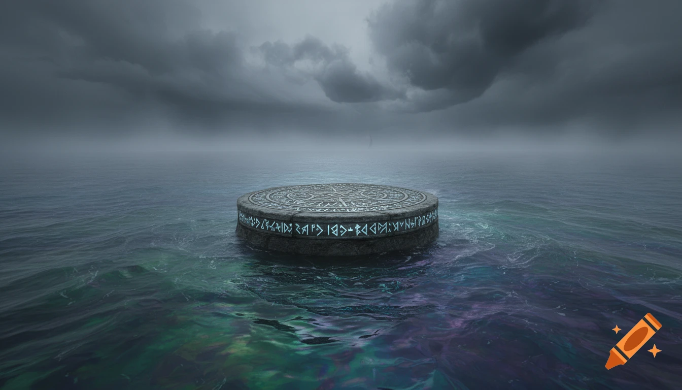 A stone dais with glowing magical symbols rises from a dark, shimmering sea under a dramatic, stormy sky.