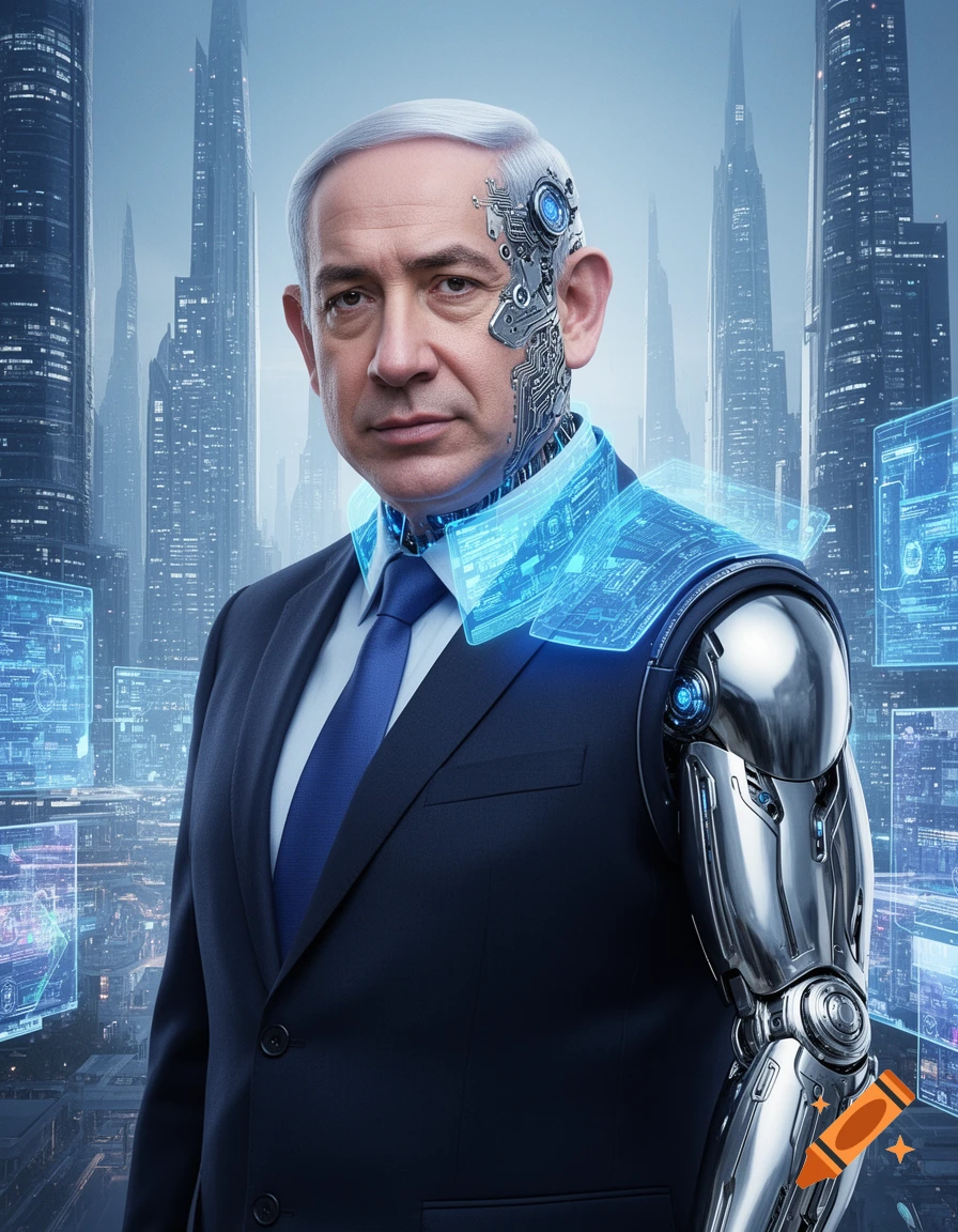 A photorealistic image of Benjamin Netanyahu as a cyborg, with metallic implants on his face and arm, against a futuristic city.