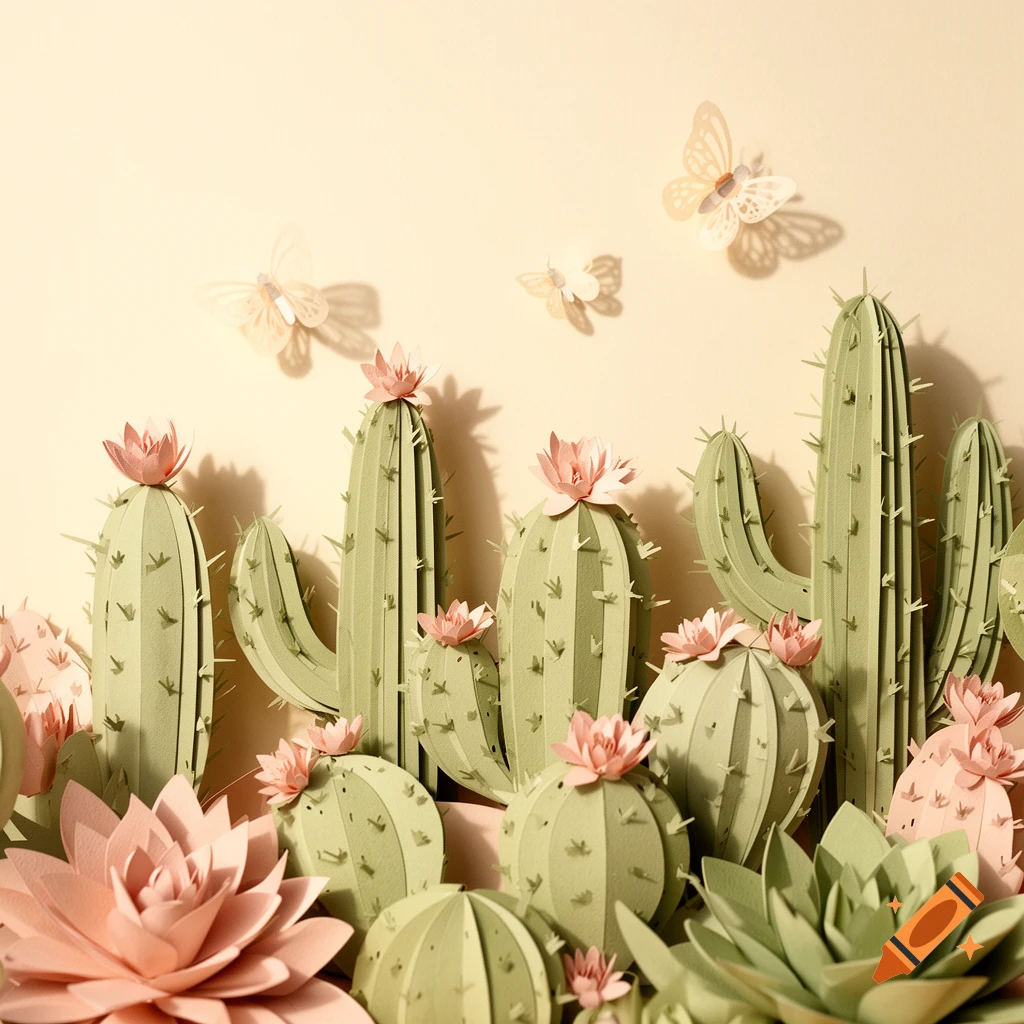 A vibrant paper cut cactus garden with various cacti and succulent plants featuring pink blossoms, with delicate paper butterflies floating above, on a light background.