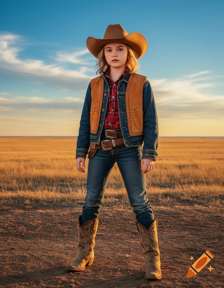 A young cowgirl stands confidently in a golden field under a blue sky, wearing a cowboy hat, denim jacket, and boots.