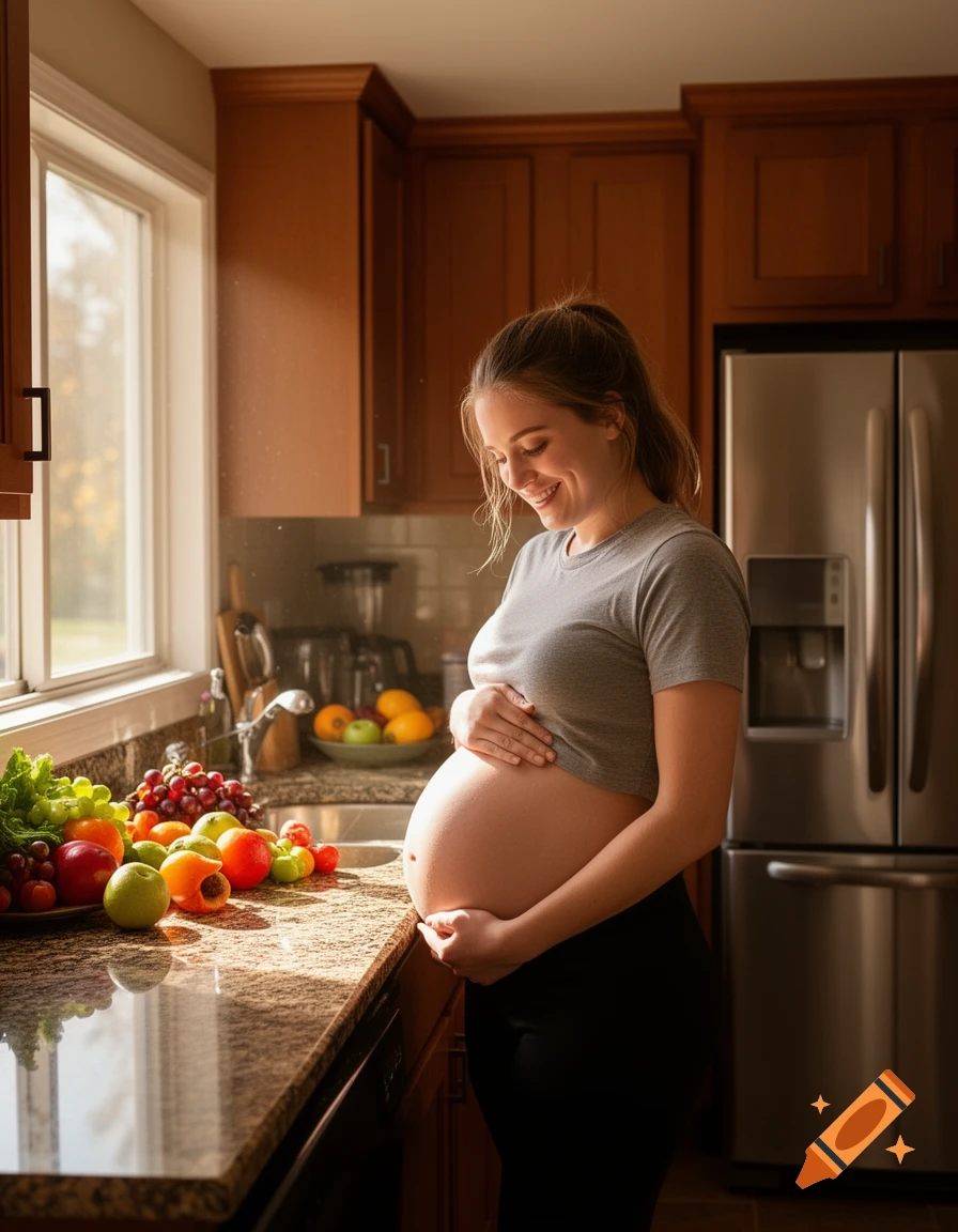 A smiling pregnant woman in a kitchen, holding her belly, with fresh fruits and vegetables on the counter.