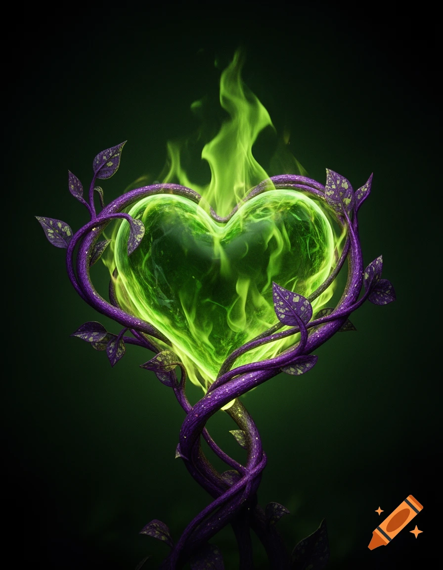 A glowing green heart consumed by green flames, entwined with dark purple vines against a dark background.