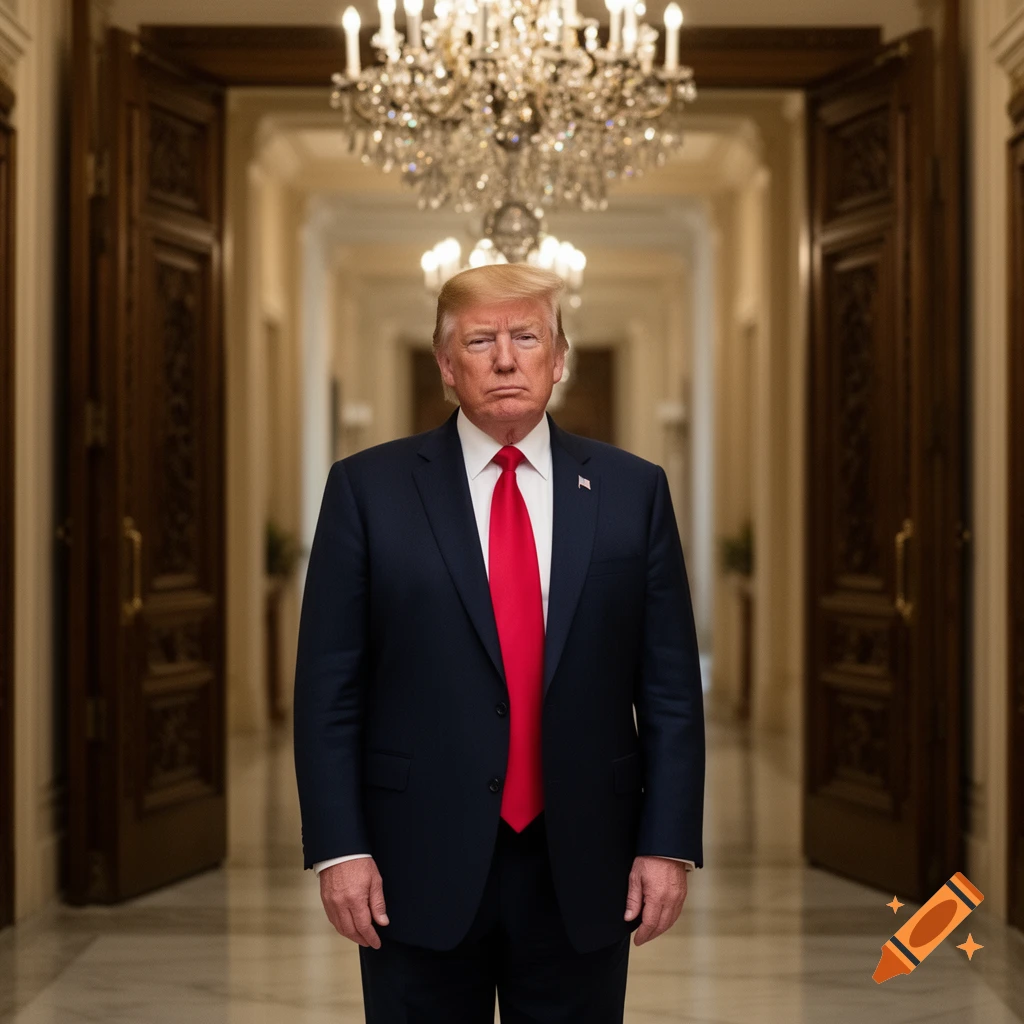 Photorealistic portrait of Donald Trump in a navy suit and red tie, standing in a grand hallway with a chandelier.