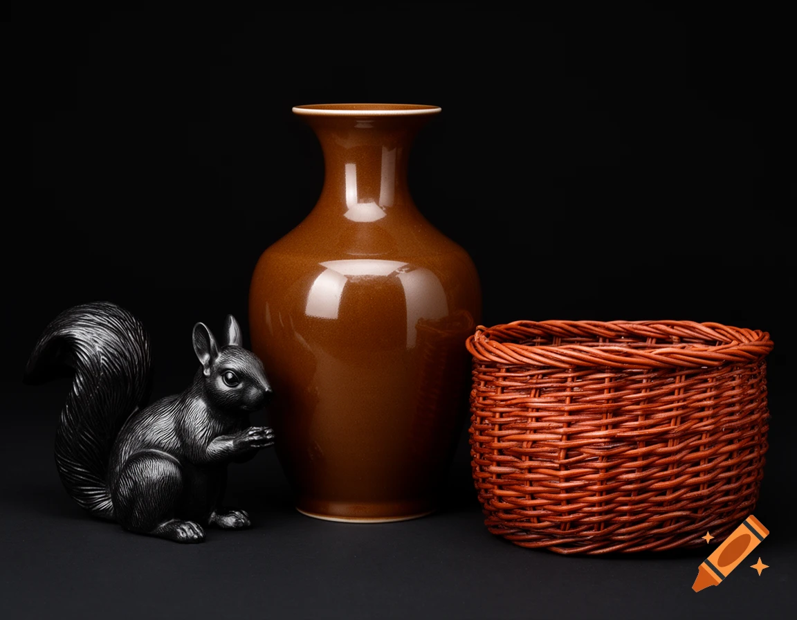 Photorealistic still life of a brown vase, black squirrel figurine, and rust-colored basket on a black background.