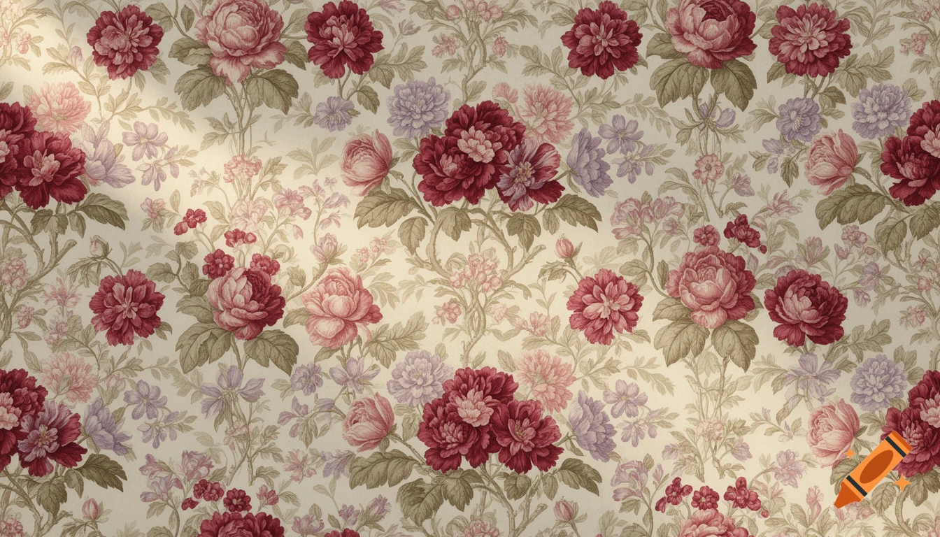 A seamless chintz floral pattern with red, pink, and light purple flowers and green leaves on a cream background.