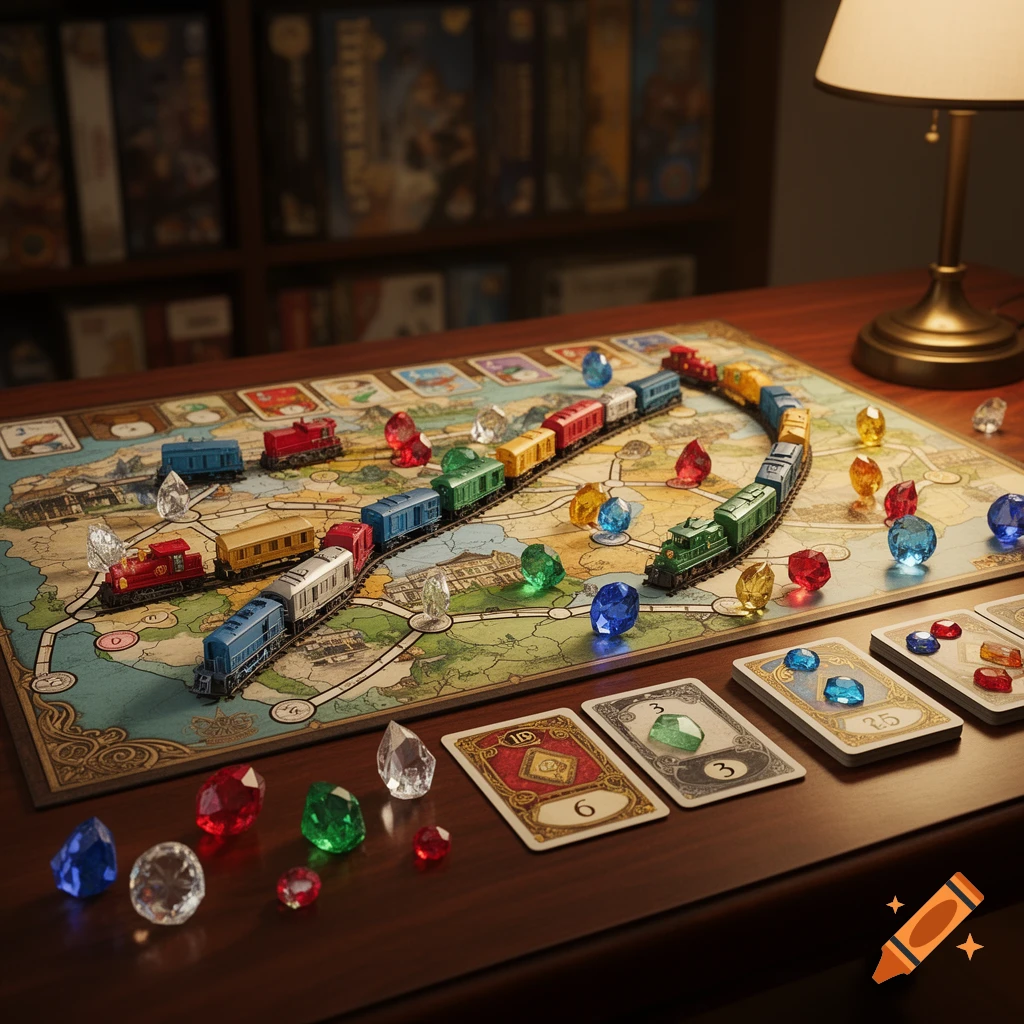 A close-up view of a colorful board game, featuring miniature trains on a map, various colored gem pieces, and game cards with numbers on a wooden table. A lamp is visible in the background.