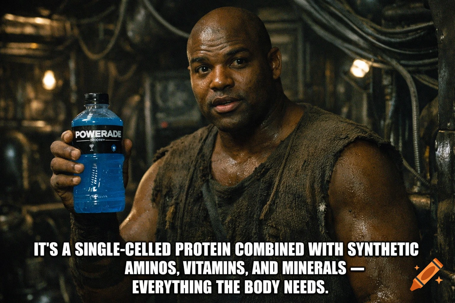 A bald, dark-skinned man in a gritty, dimly lit industrial setting holds up a blue Powerade bottle. Text reads: "It's a single-celled protein combined with synthetic aminos, vitamins, and minerals — everything the body needs.".