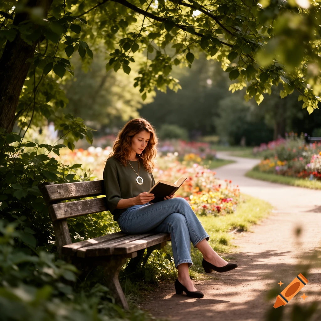 A woman with curly hair reads a book on a park bench surrounded by trees and colorful flowers.