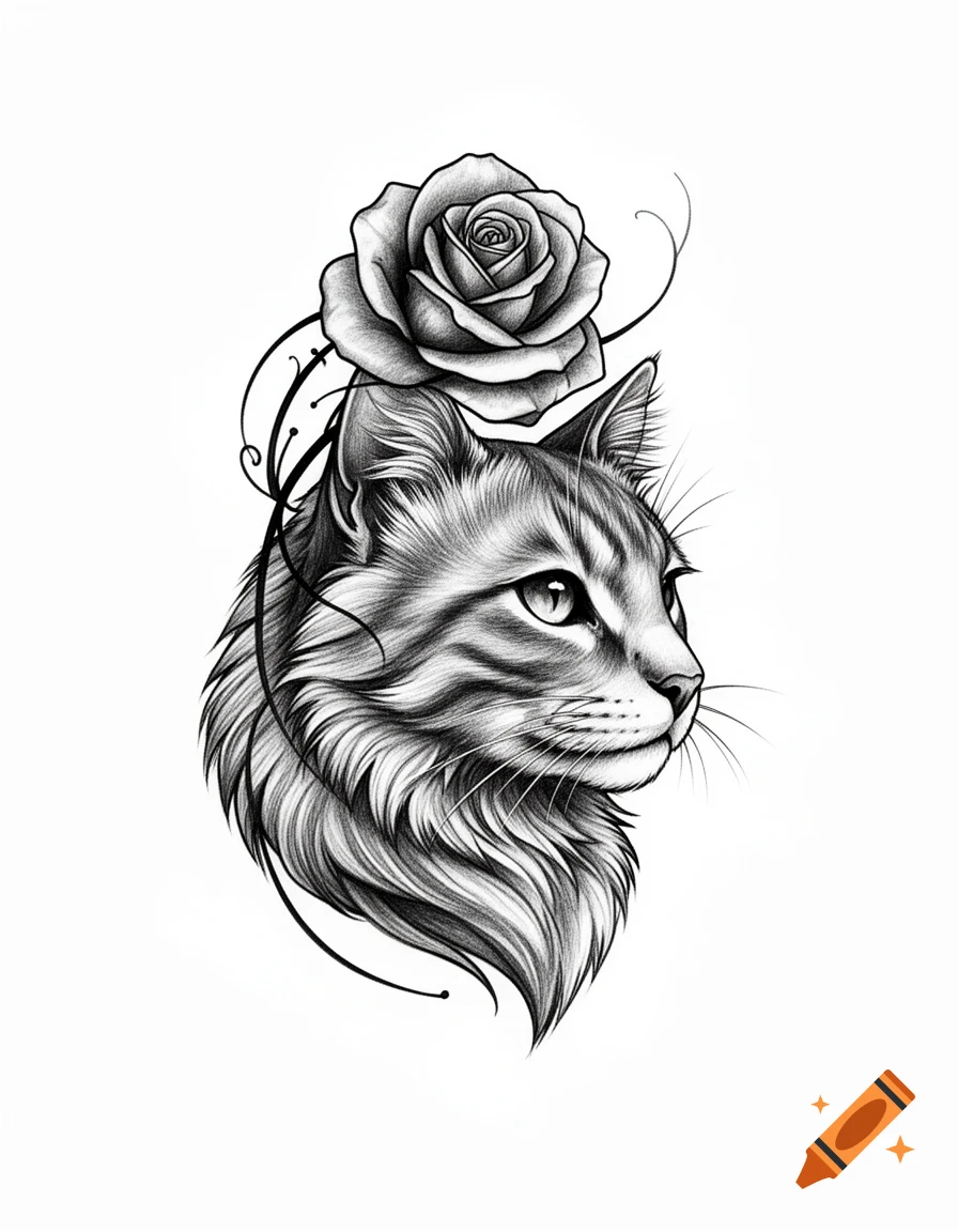 Black and white tattoo drawing of a cat's head in profile with a rose atop it, adorned with decorative vines.