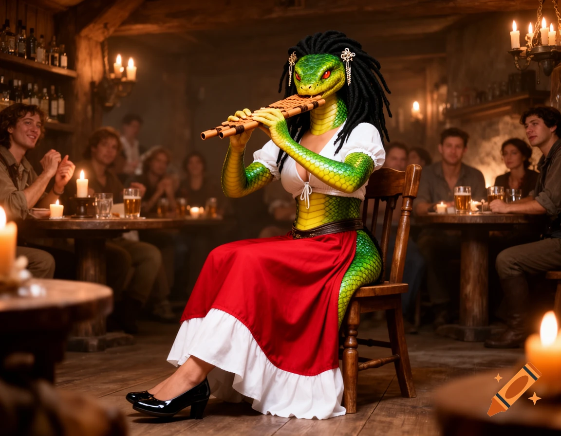 A snake-human woman with green and yellow scales, black dreadlocks, a white blouse, and a red skirt plays a pan flute in a bustling tavern.