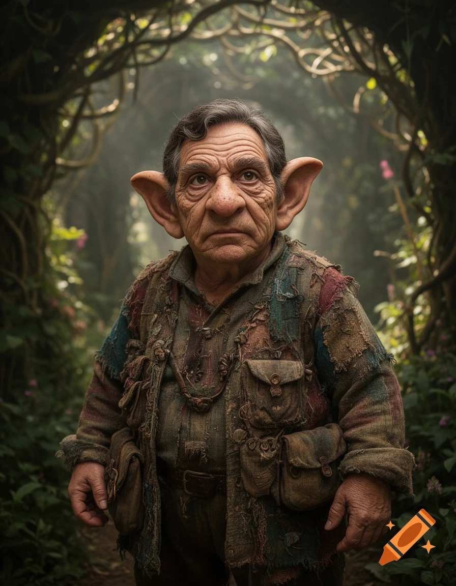 A grumpy-faced, large-eared fantasy character in a patched coat stands in a mystical, vine-covered forest.