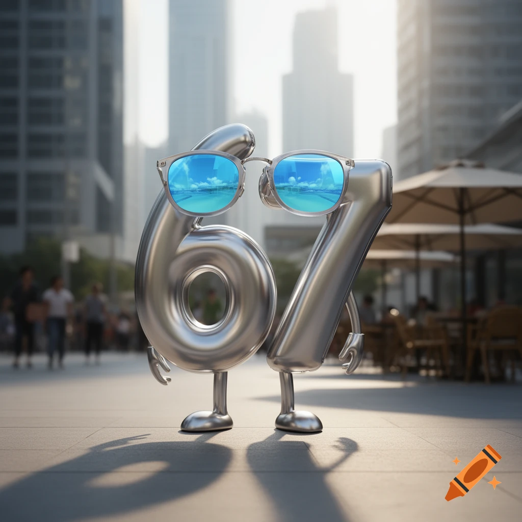 A metallic, anthropomorphic "67" wearing blue reflective sunglasses stands on a city street with tall buildings in the blurred background. The sunglasses reflect a beach scene.