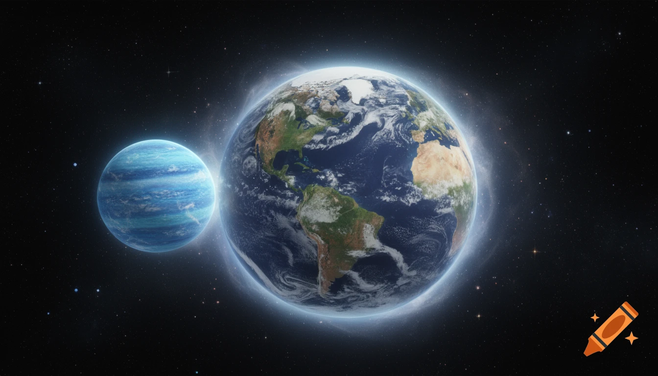 Earth and a smaller blue, striped planet with a glowing aura in the dark expanse of space with distant stars.
