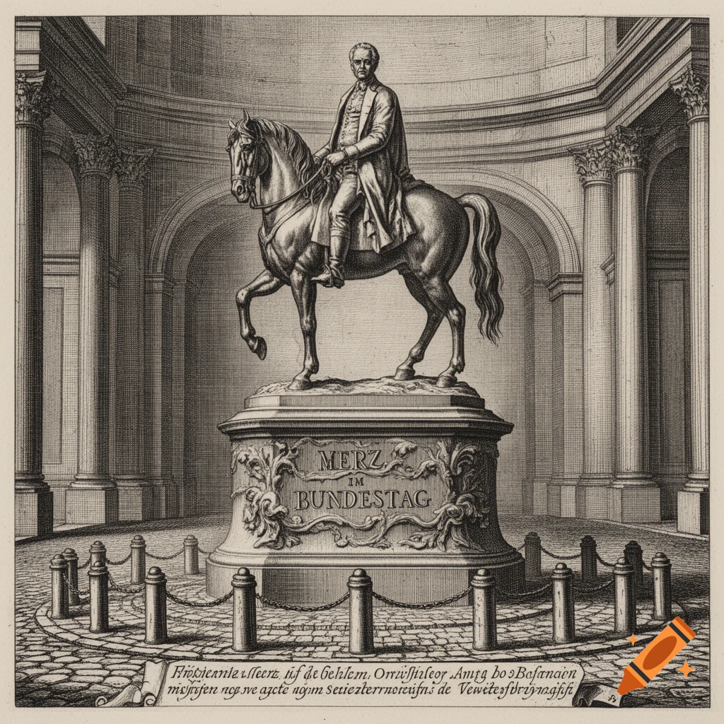 Detailed black and white engraving of a man on horseback, resembling Friedrich Merz, as a statue on a pedestal in a classical architectural setting.