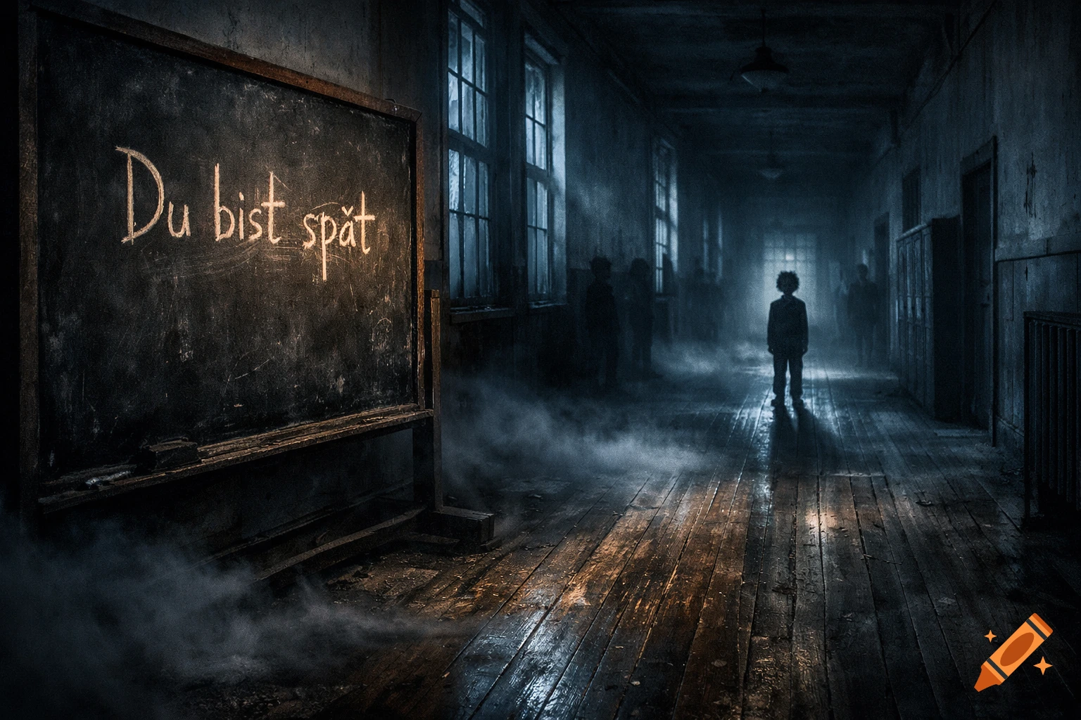Eerie cinematic image of a child in a dark, misty abandoned school corridor with a blackboard reading 'Du bist spät'.