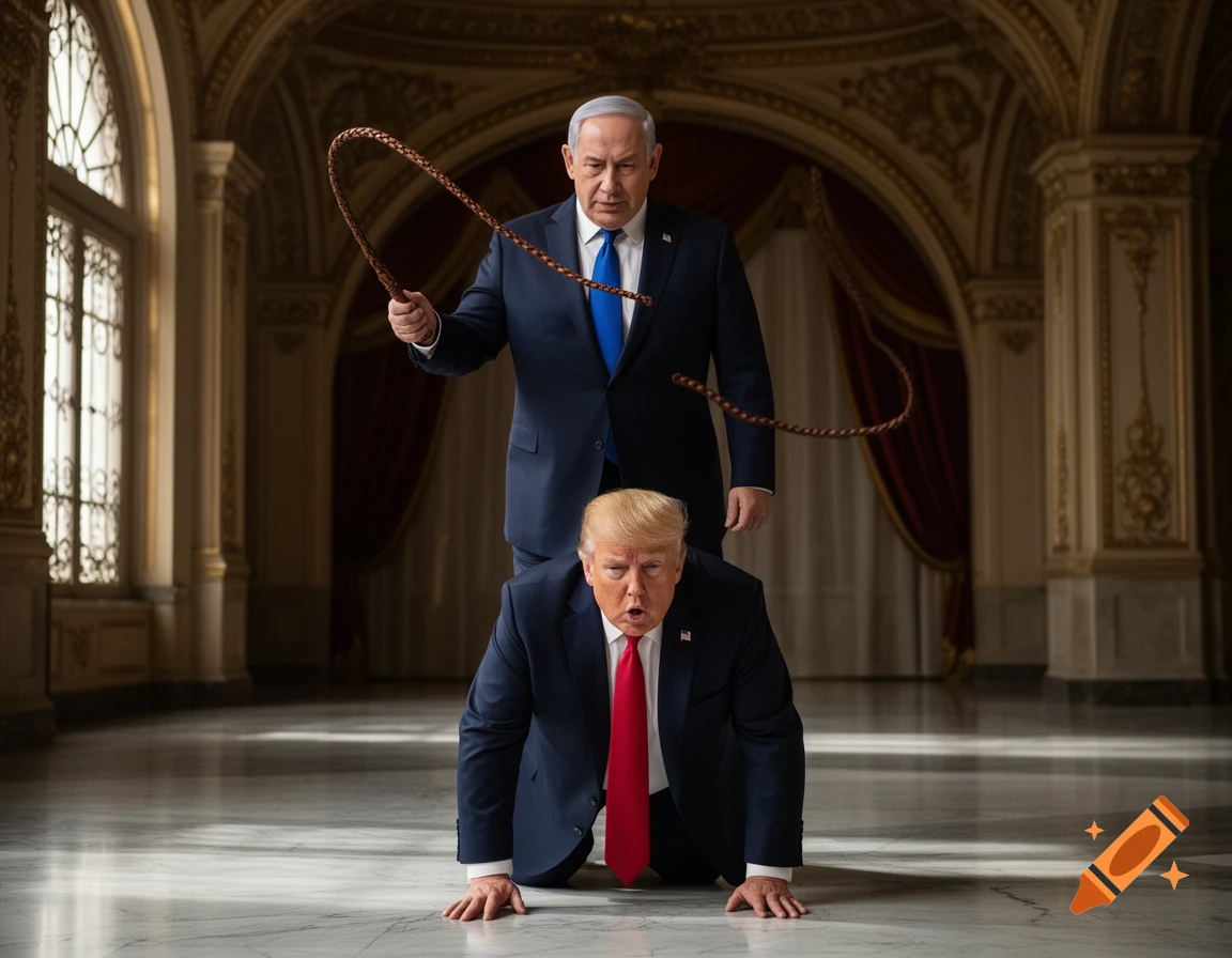 Benjamin Netanyahu stands holding a whip over Donald Trump, who is on all fours on a marble floor in an ornate room, looking up with his mouth open. The scene is photorealistic.
