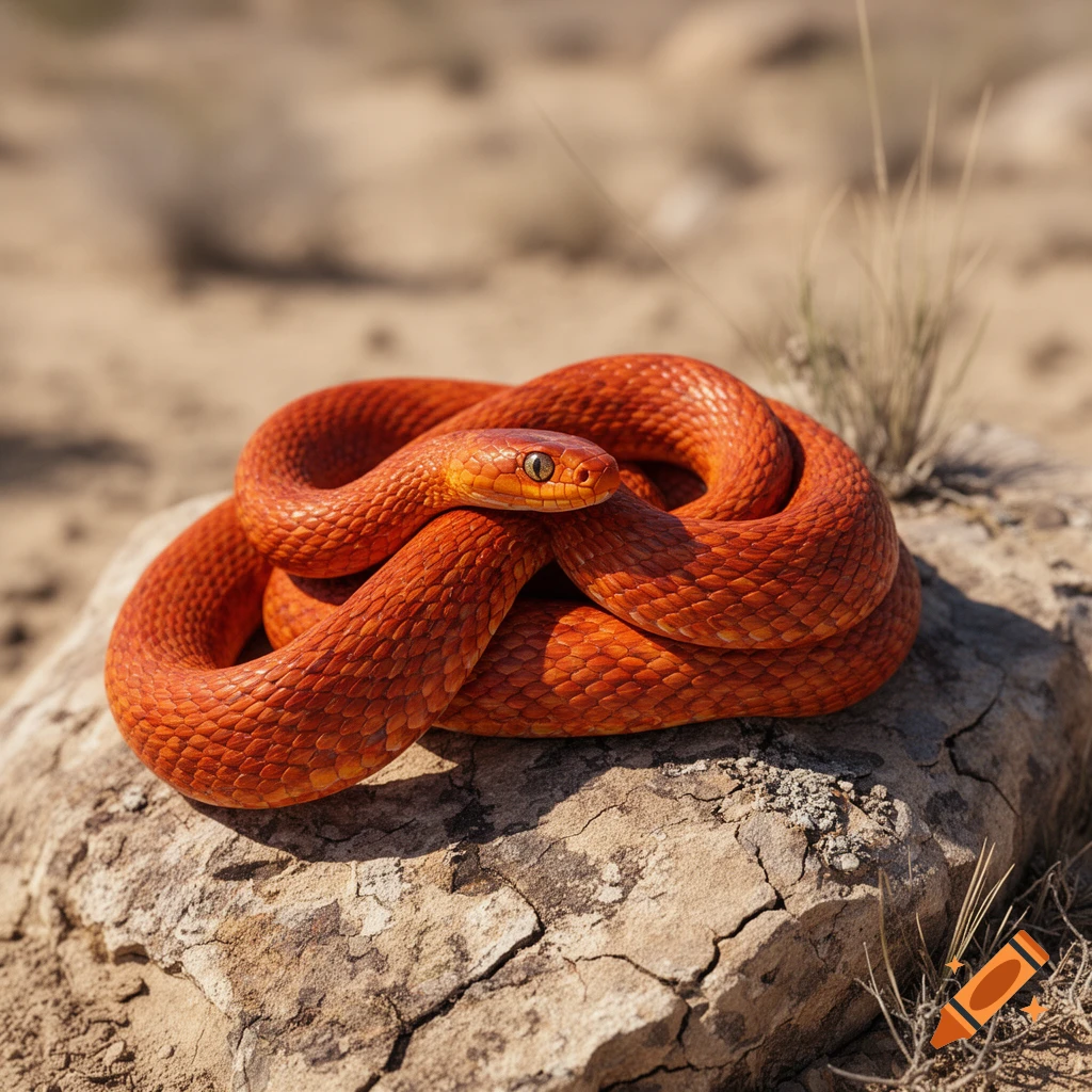 A vibrant orange snake with scales coiled on a textured rock in a sandy, desert-like setting.