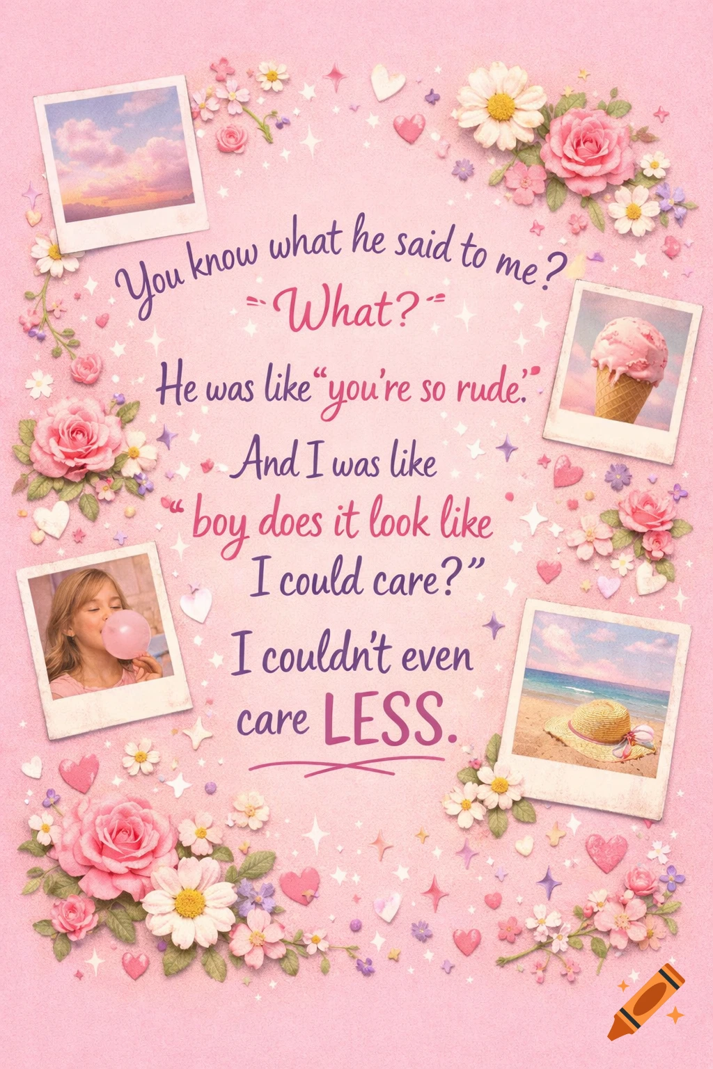A whimsical pastel pink collage with decorative flowers, hearts, and glitter, featuring handwritten lyrics about not caring, surrounded by four polaroid photos.