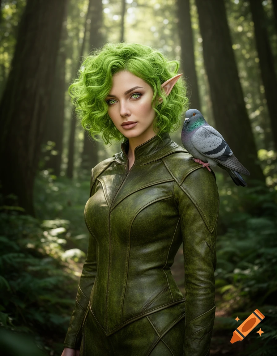 Photorealistic portrait of an elven woman with vibrant green curly hair ...