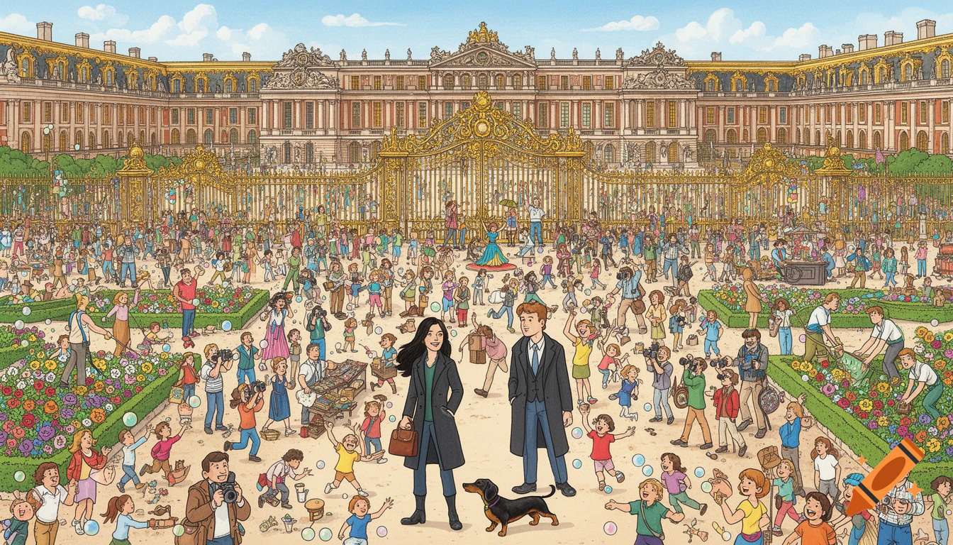 Detailed Where's Waldo style illustration of a crowded scene in front of the Palace of Versailles with a couple and a dog.