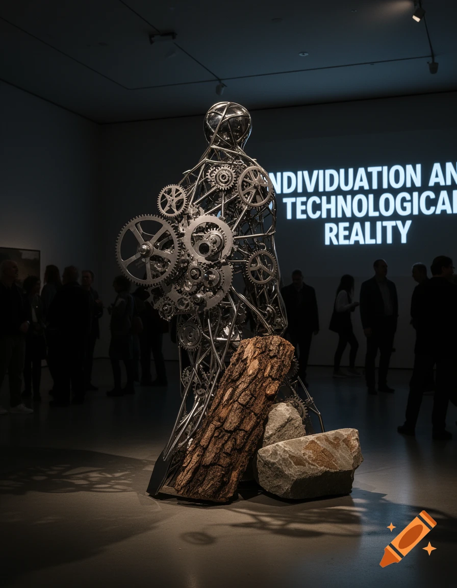 A metallic human sculpture made of gears and rods, leaning on a log and rocks, stands in a dim museum with relevant text projected on a wall.