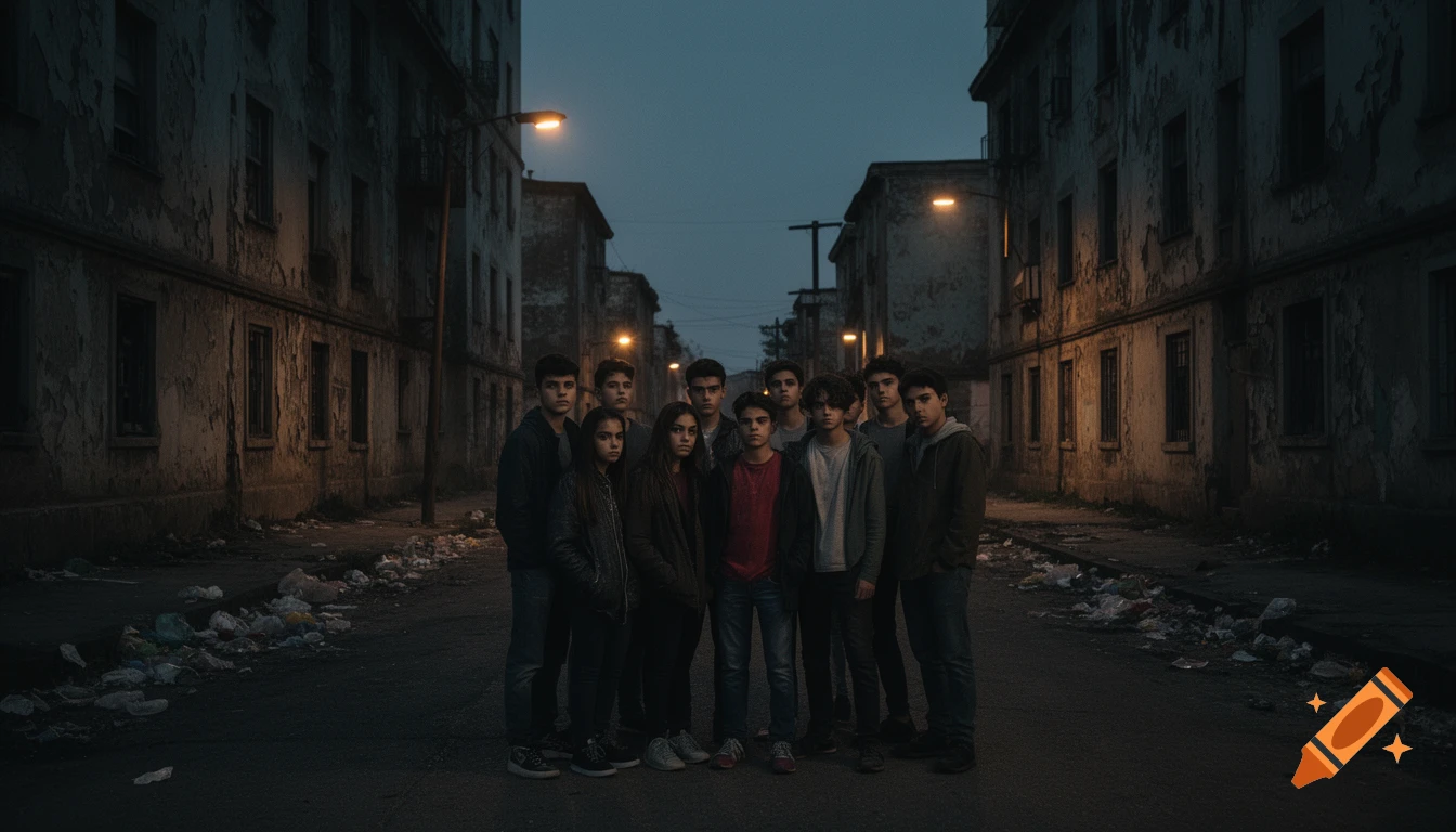 A group of serious teenagers stands in a dim, trash-strewn urban street between crumbling buildings at dusk, in a realistic style.