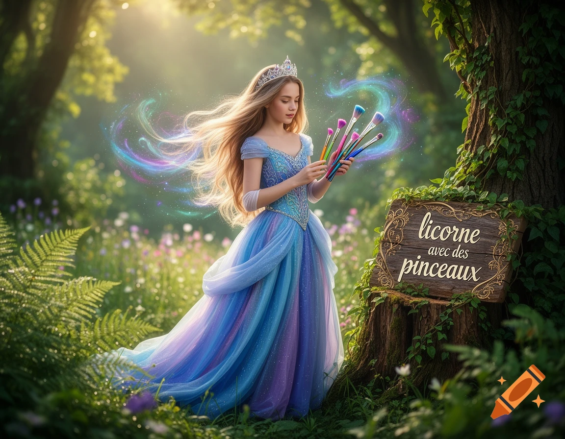 A princess in a sparkling blue gown holds magical paintbrushes in an enchanted forest, next to a sign 'licorne avec des pinceaux'.