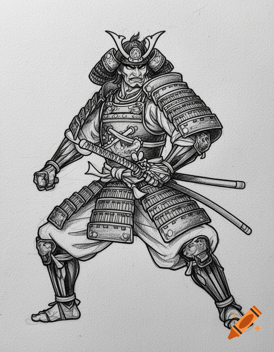 Detailed sketch of a proud samurai warrior in full armor, holding a katana, in a dynamic three-quarters pose.