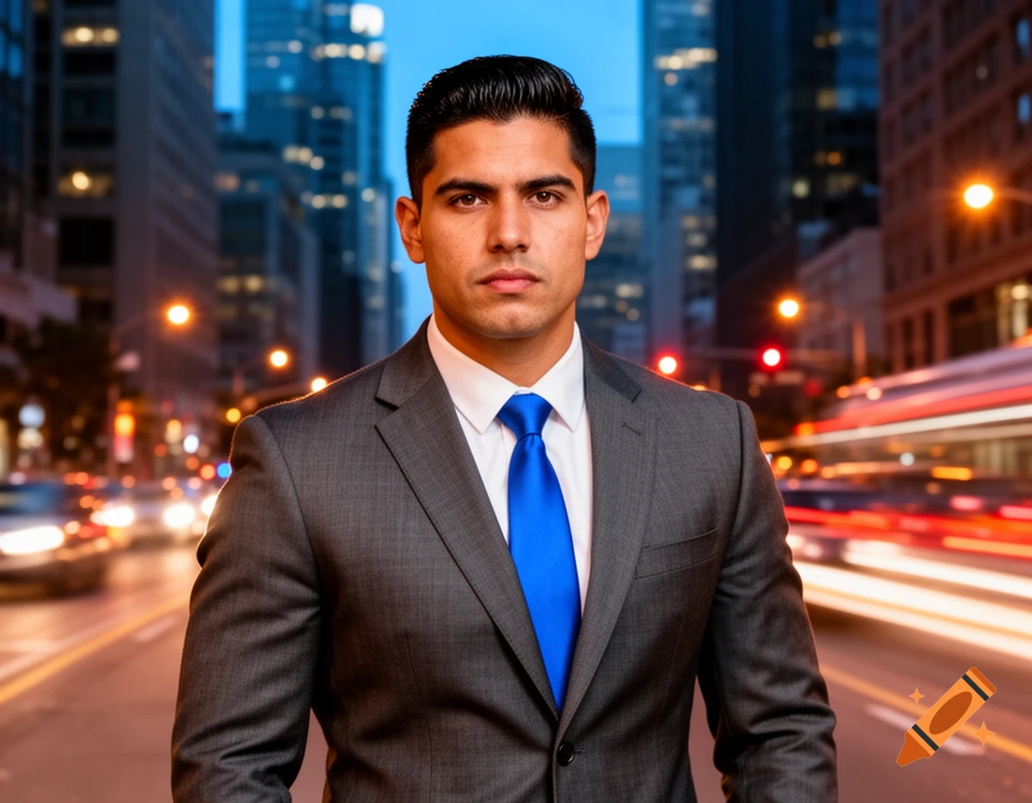 A professional man in a grey suit and blue tie stands in a busy city street at night with blurred traffic lights.