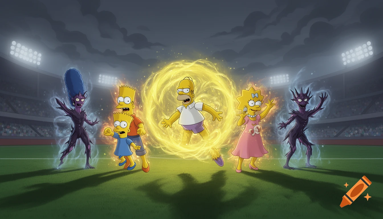The Simpsons family (Homer, Marge, Bart, Lisa) and two monstrous figures stand in a dark stadium, with three family members engulfed in a glowing yellow magic ball, in a cartoon style.