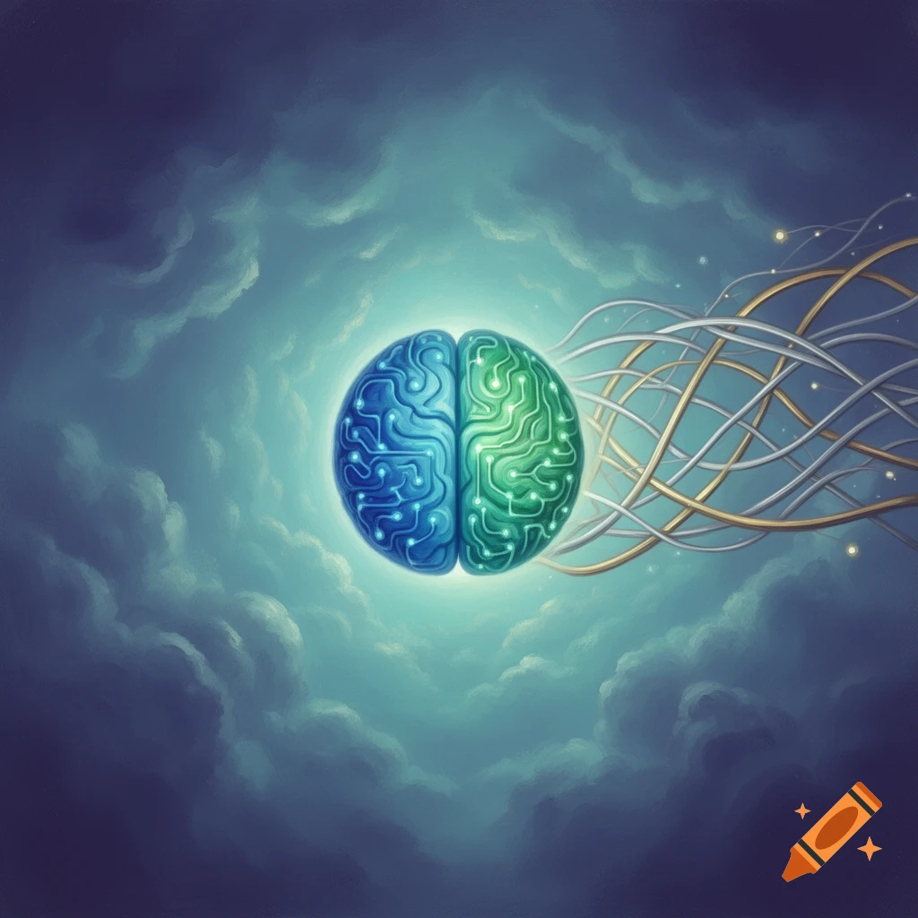 A glowing, stylized brain, split into blue and green halves with circuitry patterns, connects to intertwining wires against a cloudy, ethereal blue-green background.