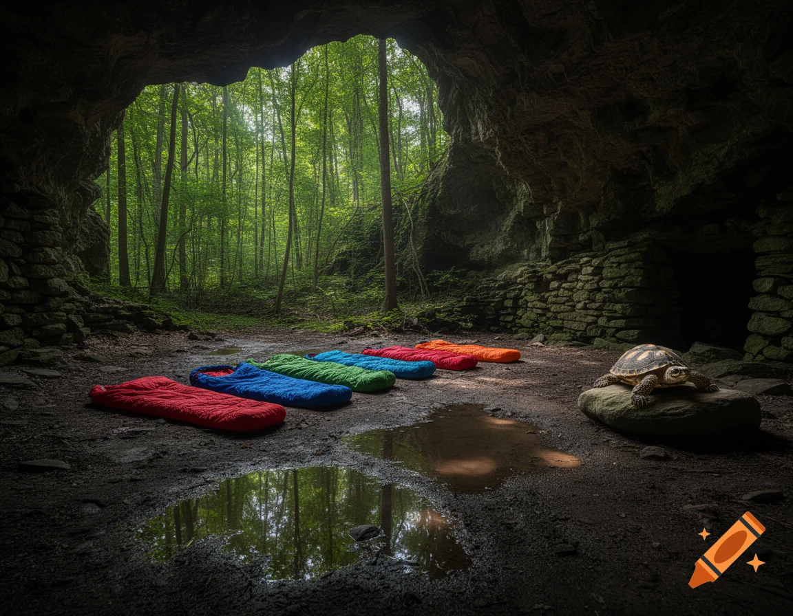 A large cave entrance opens to a lush green forest, with five colorful sleeping bags and puddles on the muddy ground, and a turtle resting on a rock.