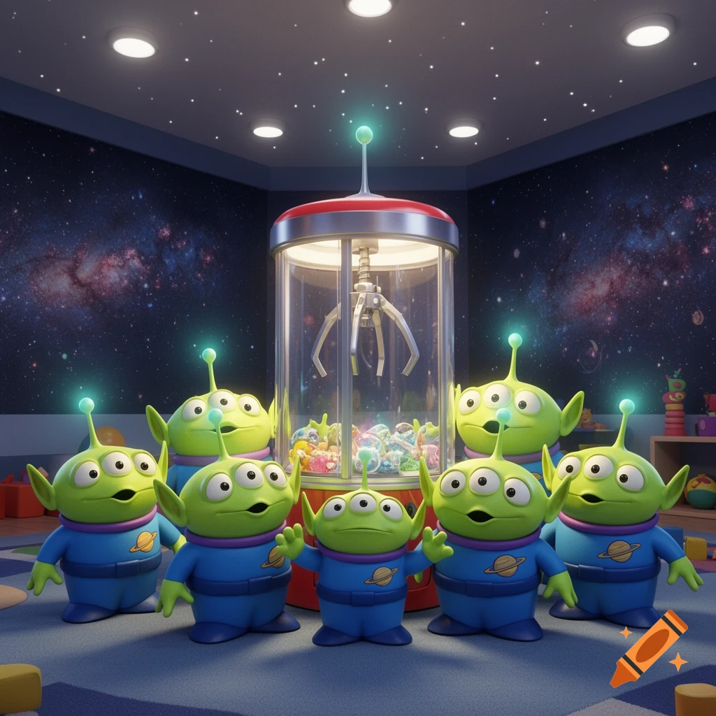 Several green, three-eyed Toy Story aliens gather around a claw machine filled with more aliens in a space-themed room.