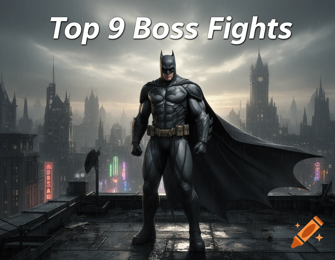 Batman stands in a dark armored suit and cape on a rainy rooftop, overlooking a gothic city skyline, with the text "Top 9 Boss Fights" overhead.