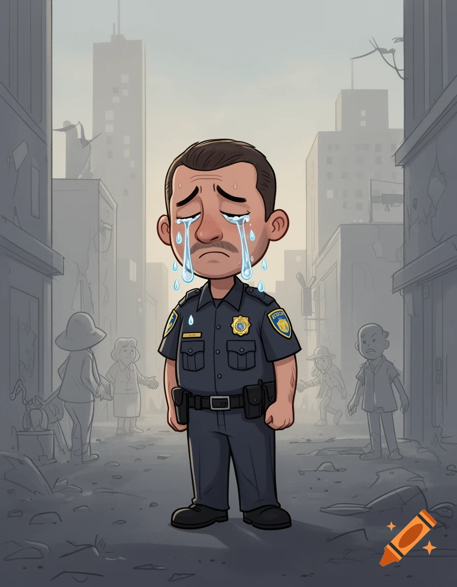 A cartoon police officer cries in a destroyed, grey city, with blurred figures in the background. Stylized.