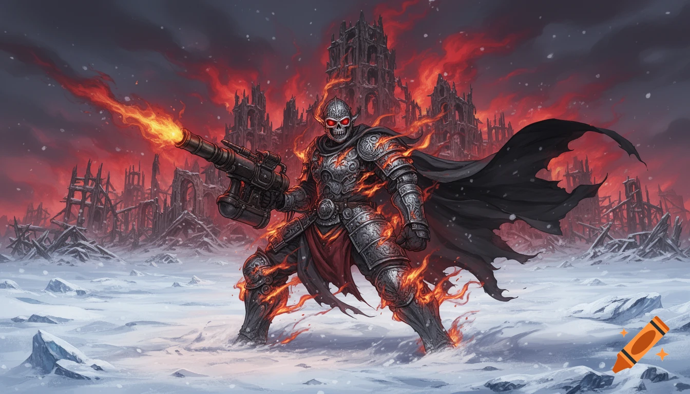 A skeletal warrior in ornate metal armor and a black cape stands in a snowy wasteland, firing a large flamethrower. Behind them, a ruined city burns under a red, smoky sky in this epic fantasy art style.