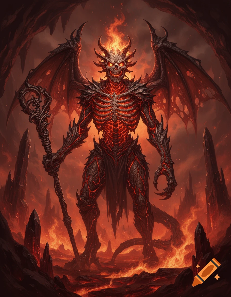 A fearsome, horned demonic warrior with fiery eyes, skeletal chest, and large wings, holding a staff in a fiery, hellish landscape.