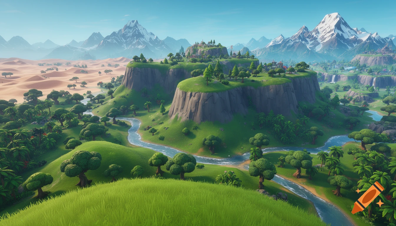 Vibrant stylized Fortnite island landscape featuring green hills, winding rivers, desert, snowy mountains, and cliffside settlements.