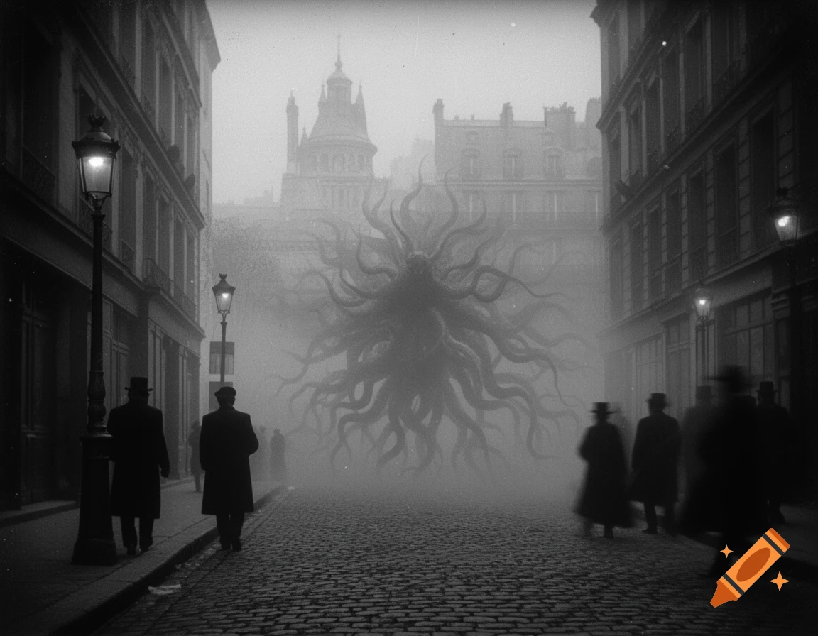 Black and white vintage photo of a massive, tentacled creature in a foggy Parisian street with silhouetted figures.