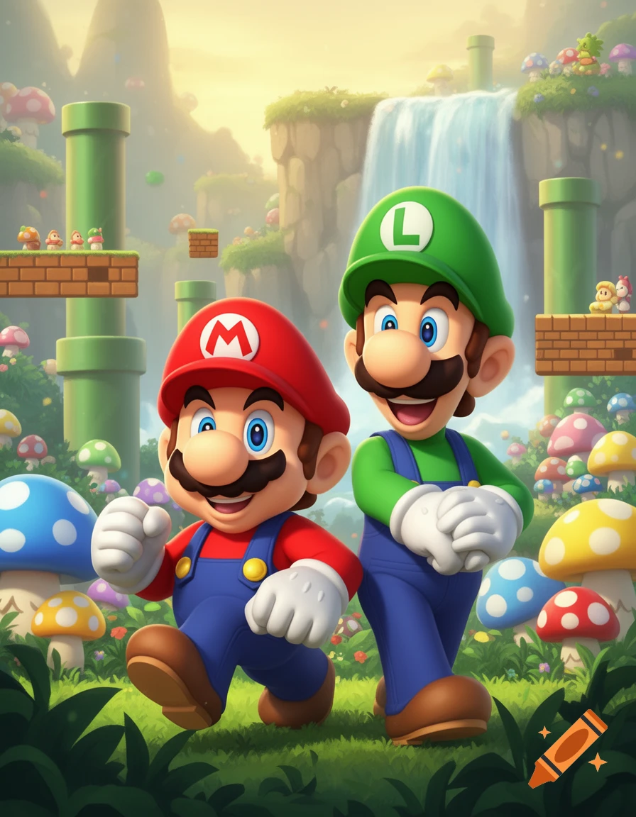 Mario and Luigi walk happily through a vibrant Super Mario Bros. landscape with pipes, mushrooms, and a waterfall.