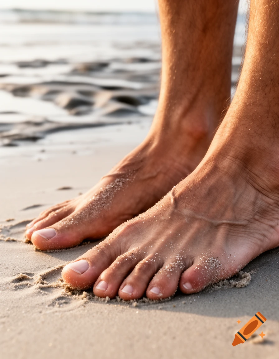 Close-up of bare feet on a sandy beach with the ocean visible in the background, dappled with sunlight.