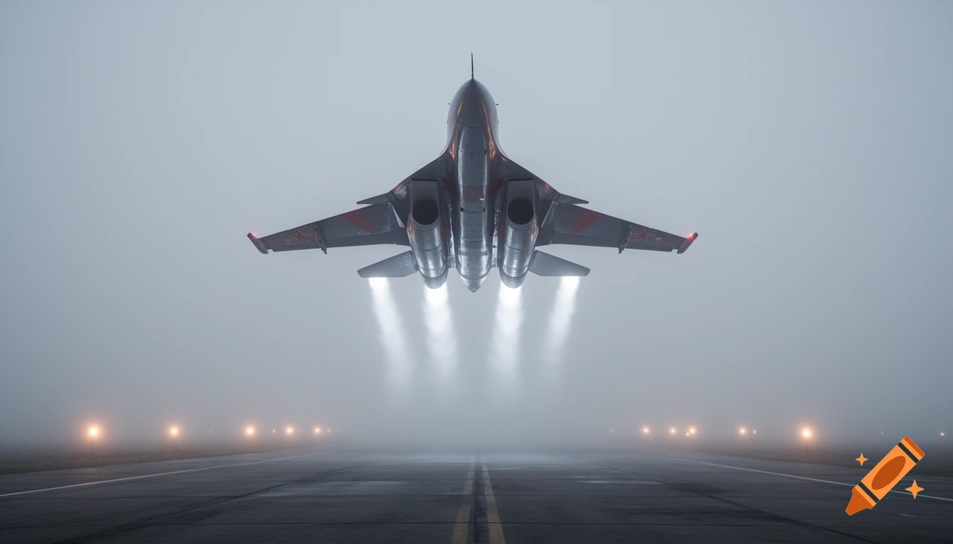 A dark gray fighter jet with red star insignia on its wings takes off from a runway into dense fog, with engine exhaust glowing below.