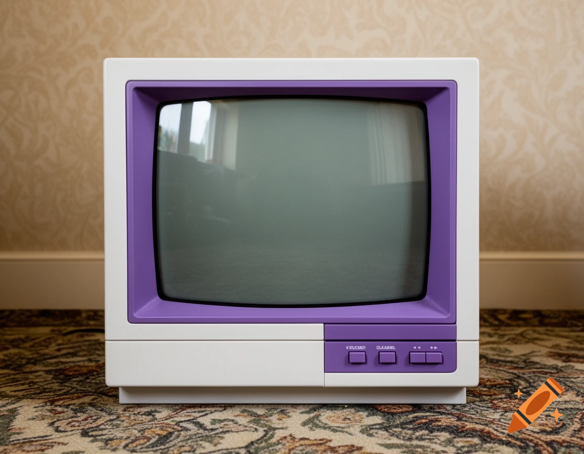 A front view of a retro 90s CRT television with a white and purple casing, sitting on a patterned rug.