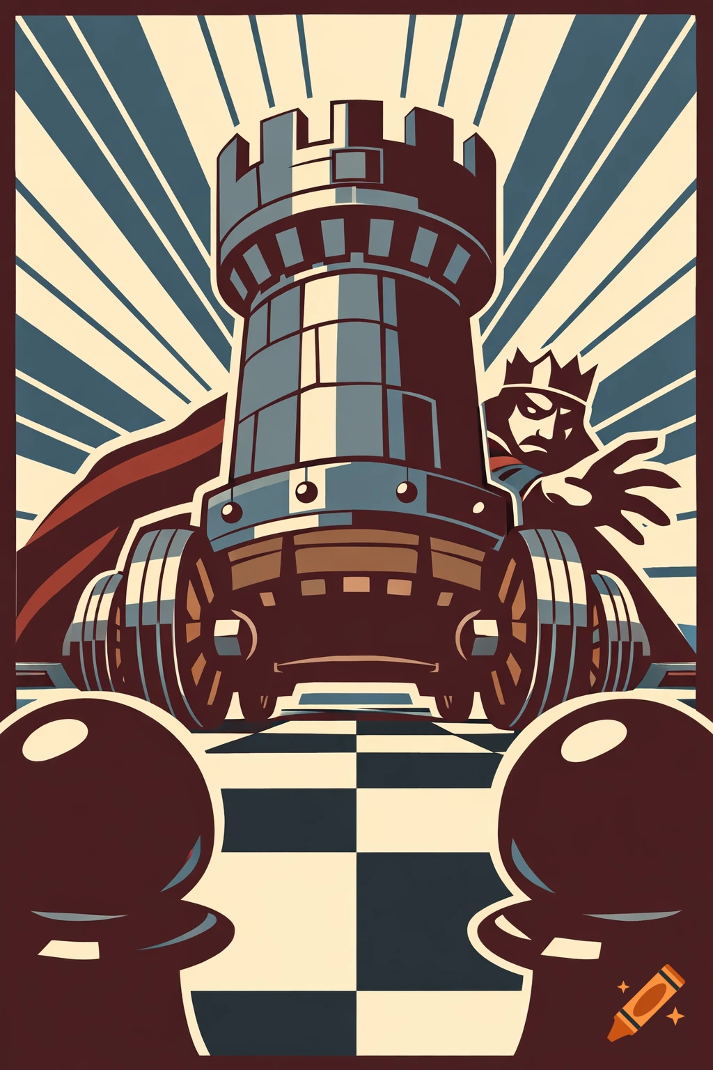 Art deco propaganda poster showing a massive chess rook siege engine with a king behind it on a chessboard, from a low angle.