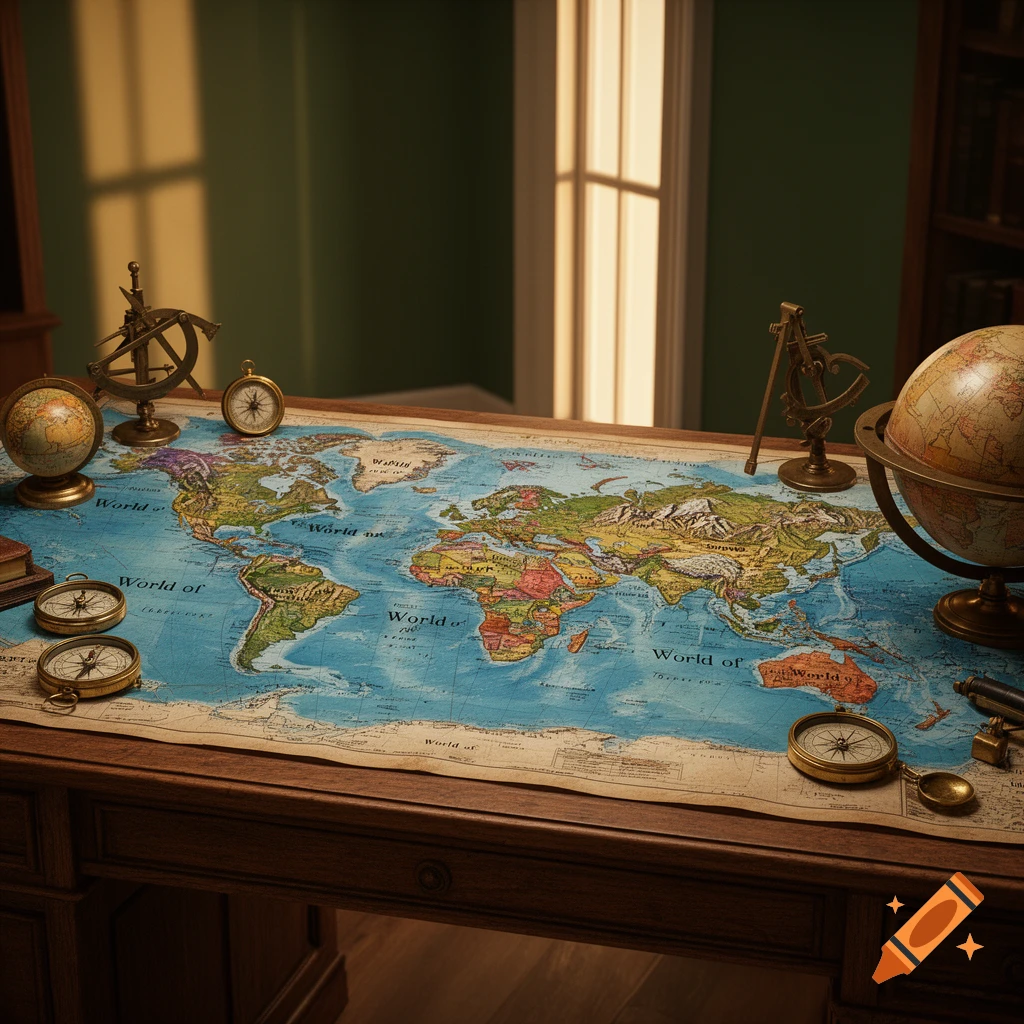 An antique-style world map laid out on a dark wooden desk, surrounded by brass navigational instruments like a globe, compasses, and a sextant. Sunlight streams from a window on the right.