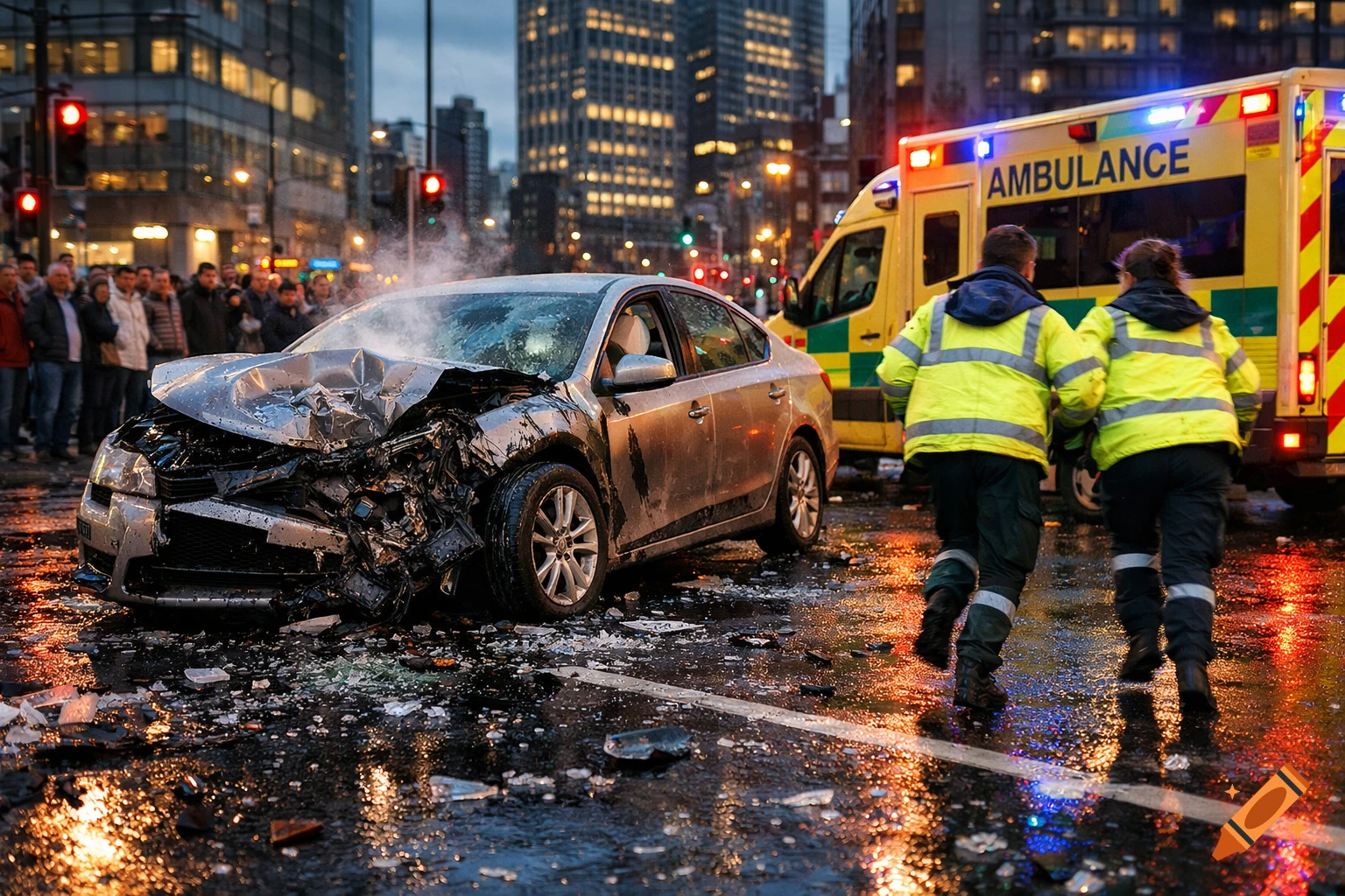 Photorealistic image of a wrecked silver car on a wet city street after a crash, with two paramedics running towards an ambulance.