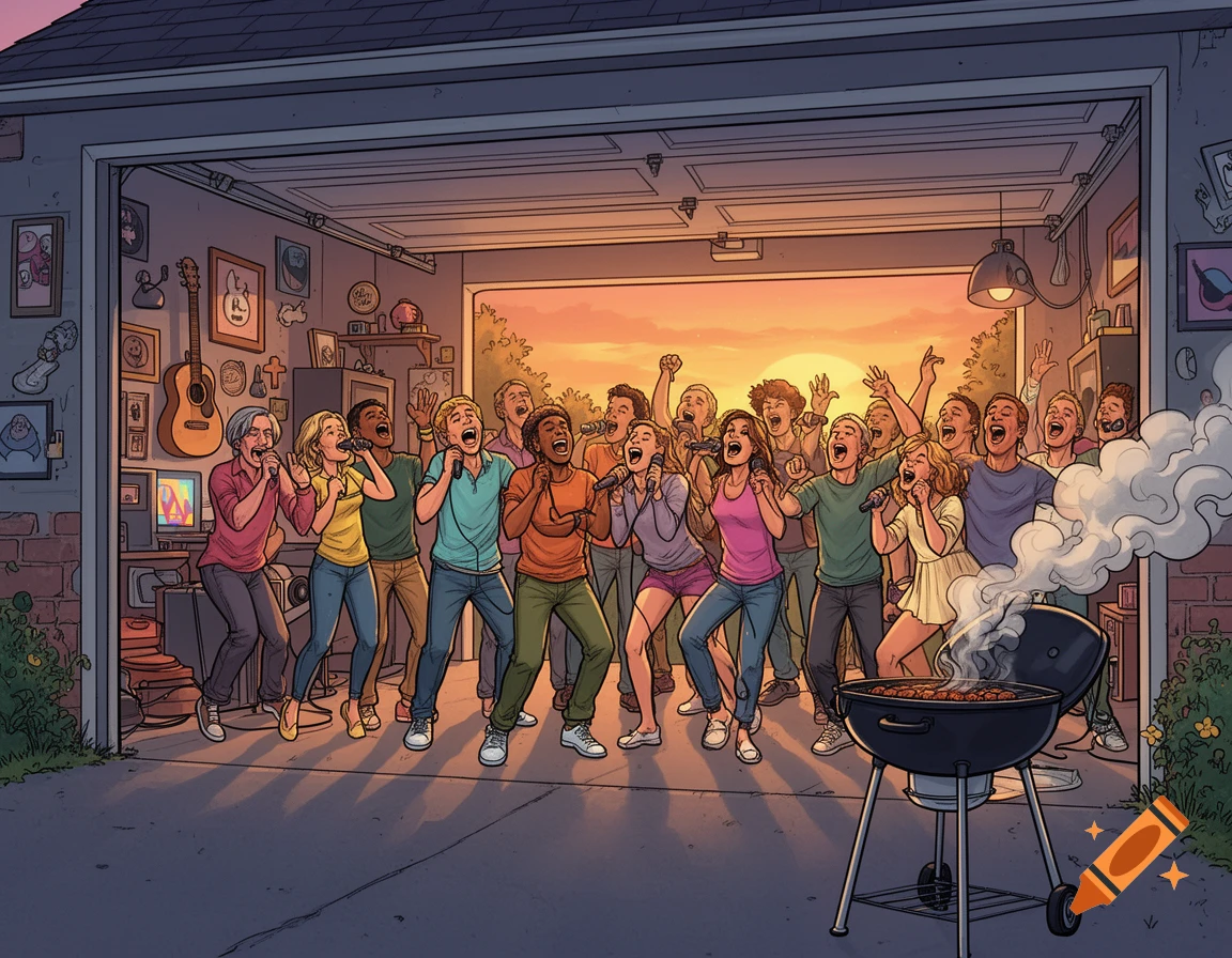 Comic illustration of a diverse group of people singing karaoke in a garage with a smoking grill in the driveway at sunset.